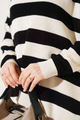 Çizgili Pirinç Örgü Salaş Triko Tunik Bej - Triko Tunik