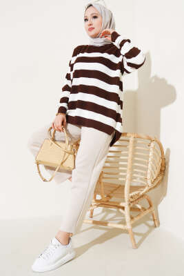 Çizgili Pirinç Örgü Salaş Triko Tunik Kahve - Triko Tunik