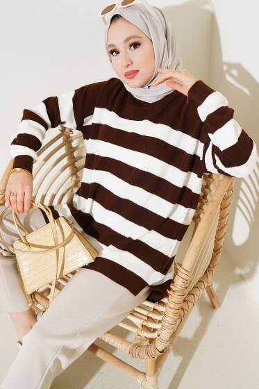 Çizgili Pirinç Örgü Salaş Triko Tunik Kahve - Tunik