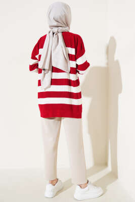 Çizgili Pirinç Örgü Salaş Triko Tunik Kırmızı - Triko Tunik