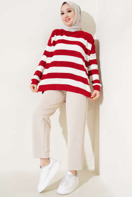 Çizgili Pirinç Örgü Salaş Triko Tunik Kırmızı - Triko Tunik