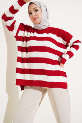 Çizgili Pirinç Örgü Salaş Triko Tunik Kırmızı - Triko Tunik