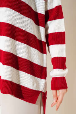 Çizgili Pirinç Örgü Salaş Triko Tunik Kırmızı - Triko Tunik