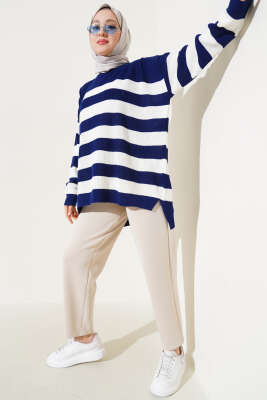 Çizgili Pirinç Örgü Salaş Triko Tunik Lacivert - Triko Tunik