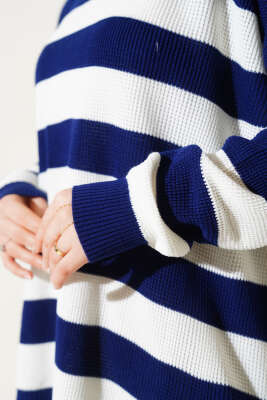 Çizgili Pirinç Örgü Salaş Triko Tunik Lacivert - Triko Tunik