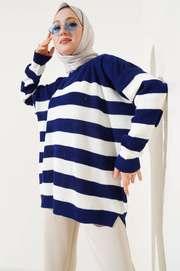 Çizgili Pirinç Örgü Salaş Triko Tunik Lacivert - Tunik