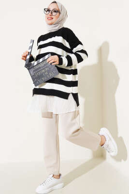 Çizgili Pirinç Örgü Salaş Triko Tunik Siyah - Triko Tunik