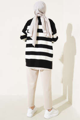 Çizgili Pirinç Örgü Salaş Triko Tunik Siyah - Triko Tunik