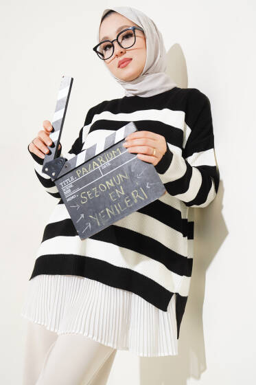 Çizgili Pirinç Örgü Salaş Triko Tunik Siyah - Triko Tunik