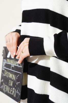 Çizgili Pirinç Örgü Salaş Triko Tunik Siyah - Triko Tunik