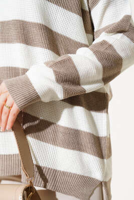 Çizgili Pirinç Örgü Salaş Triko Tunik Vizon - Triko Tunik