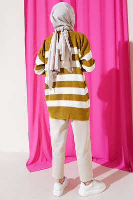 Çizgili Pirinç Örgü Salaş Triko Tunik Yağ Yeşili - Triko Tunik