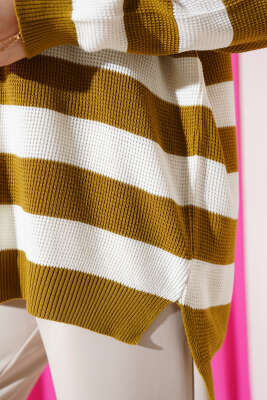 Çizgili Pirinç Örgü Salaş Triko Tunik Yağ Yeşili - Triko Tunik