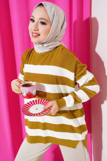 Çizgili Pirinç Örgü Salaş Triko Tunik Yağ Yeşili - Tunik