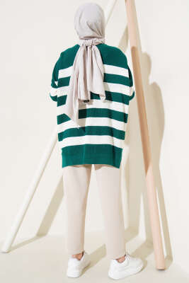 Çizgili Pirinç Örgü Salaş Triko Tunik Zümrüt - Triko Tunik
