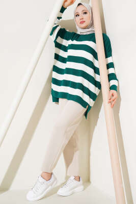 Çizgili Pirinç Örgü Salaş Triko Tunik Zümrüt - Triko Tunik