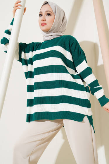 Çizgili Pirinç Örgü Salaş Triko Tunik Zümrüt - Tunik