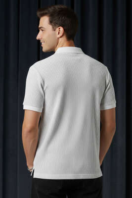 Çizgili Polo Yaka Düğmeli Erkek Tişört Gri - Erkek T-shirt