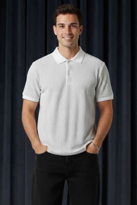 Çizgili Polo Yaka Düğmeli Erkek Tişört Gri - WİPEOUT