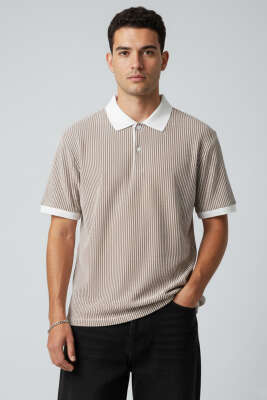 Çizgili Polo Yaka Düğmeli Erkek Tişört Kahve 
