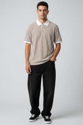 Çizgili Polo Yaka Düğmeli Erkek Tişört Kahve - Erkek T-shirt