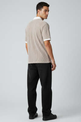 Çizgili Polo Yaka Düğmeli Erkek Tişört Kahve - Erkek T-shirt