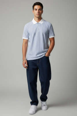 Çizgili Polo Yaka Düğmeli Erkek Tişört Mavi - Erkek T-shirt