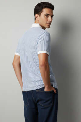 Çizgili Polo Yaka Düğmeli Erkek Tişört Mavi - Erkek T-shirt