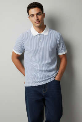 Çizgili Polo Yaka Düğmeli Erkek Tişört Mavi - WİPEOUT