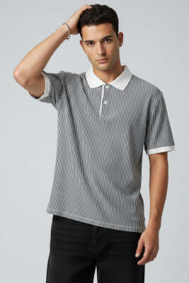 Çizgili Polo Yaka Düğmeli Erkek Tişört Siyah - WİPEOUT