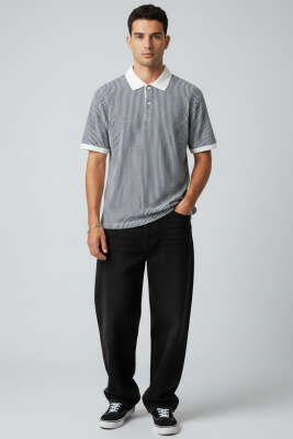 Çizgili Polo Yaka Düğmeli Erkek Tişört Siyah - Erkek T-shirt