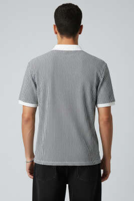 Çizgili Polo Yaka Düğmeli Erkek Tişört Siyah - Erkek T-shirt