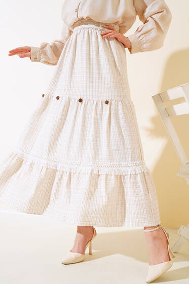 Çizgili Püskül Detaylı Etek Latte - Etek