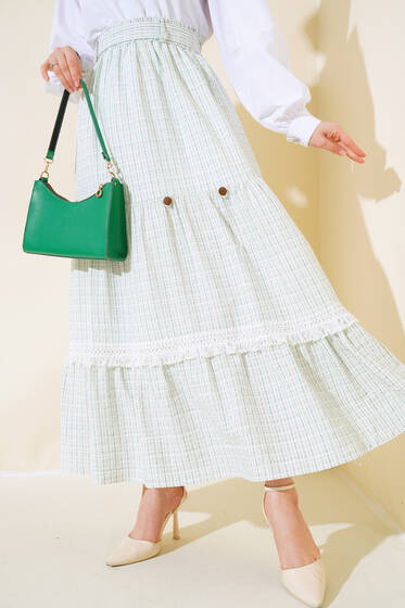 Çizgili Püskül Detaylı Etek Yeşil - Etek