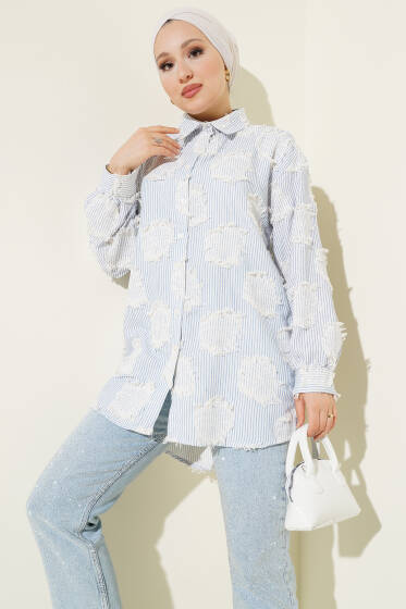 Çizgili Püsküllü Gömlek Mavi - Gömlek