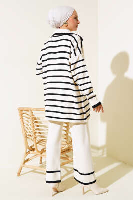 Çizgili Salaş Ceketli Triko Takım Bej - Triko İkili Takım