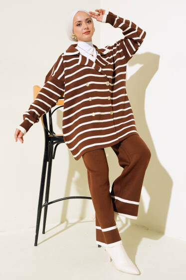 Çizgili Salaş Ceketli Triko Takım Kahve - İKİLİ TAKIM