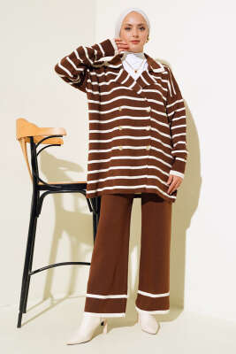 Çizgili Salaş Ceketli Triko Takım Kahve - Triko İkili Takım