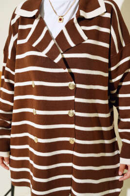 Çizgili Salaş Ceketli Triko Takım Kahve - Triko İkili Takım