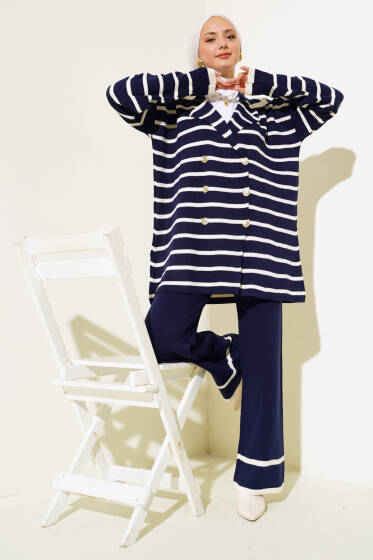 Çizgili Salaş Ceketli Triko Takım Lacivert - İkili Takım