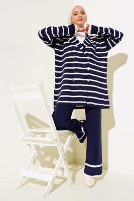 Çizgili Salaş Ceketli Triko Takım Lacivert - SUDE NAZ