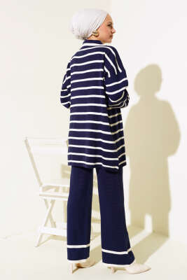 Çizgili Salaş Ceketli Triko Takım Lacivert - Triko İkili Takım