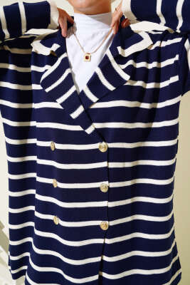 Çizgili Salaş Ceketli Triko Takım Lacivert - Triko İkili Takım