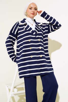 Çizgili Salaş Ceketli Triko Takım Lacivert - Triko İkili Takım