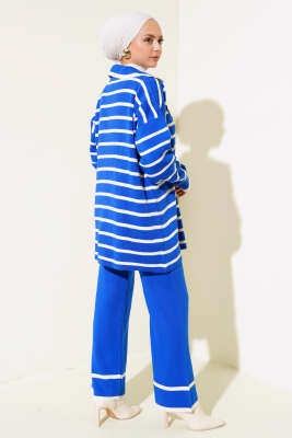 Çizgili Salaş Ceketli Triko Takım Saks - Triko İkili Takım