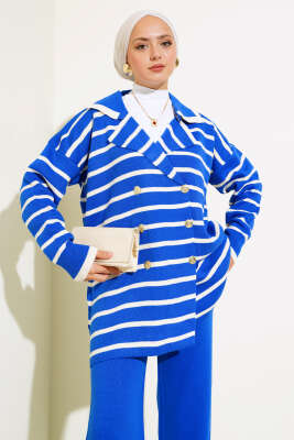 Çizgili Salaş Ceketli Triko Takım Saks - Triko İkili Takım