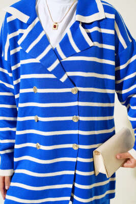 Çizgili Salaş Ceketli Triko Takım Saks - Triko İkili Takım