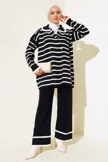 Çizgili Salaş Ceketli Triko Takım Siyah - İkili Takım