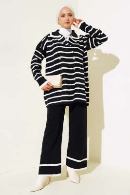 Çizgili Salaş Ceketli Triko Takım Siyah 