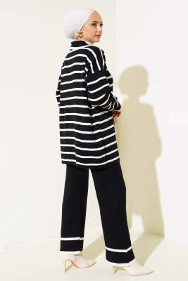 Çizgili Salaş Ceketli Triko Takım Siyah - Triko İkili Takım